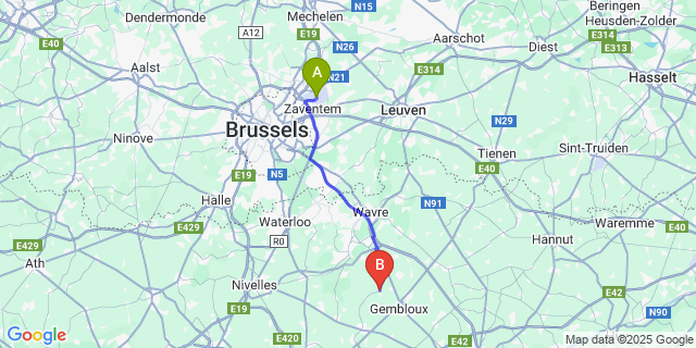 Map: Brussels Zaventem Airport (BRU) to Chastre