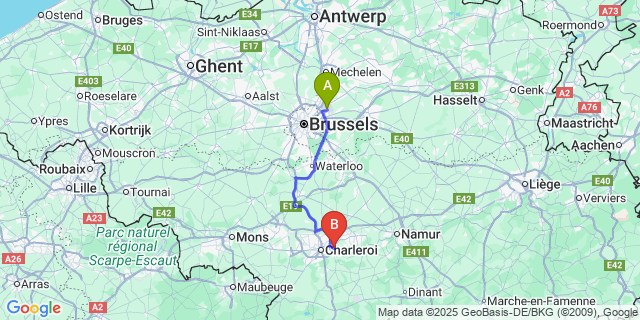 Map: Brussels Zaventem Airport (BRU) to Châtelineau