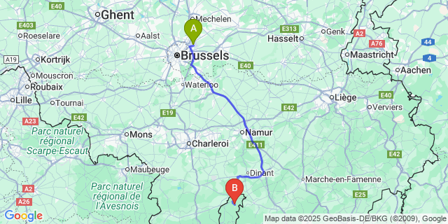 Map: Brussels Zaventem Airport (BRU) to Chooz