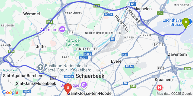 Map: Brussels Zaventem Airport (BRU) to Church of Saint Catherine, Brussels