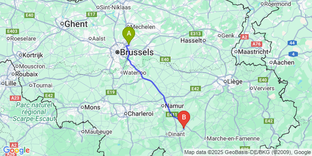 Map: Brussels Zaventem Airport (BRU) to Ciney