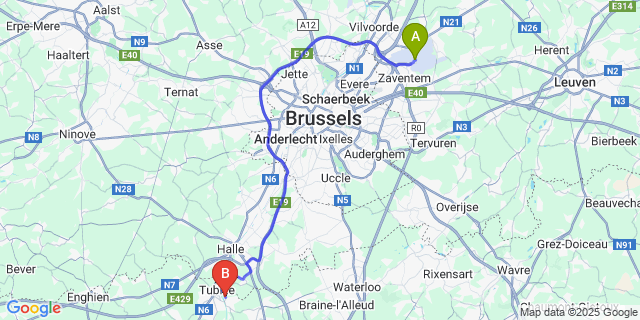 Map: Brussels Zaventem Airport (BRU) to Clabecq