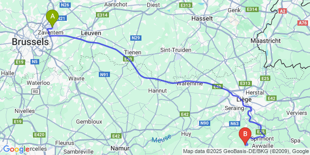 Map: Brussels Zaventem Airport (BRU) to Comblain-au-Pont