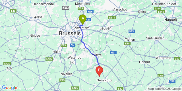 Map: Brussels Zaventem Airport (BRU) to Cortil-Noirmont