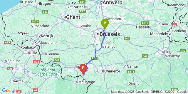 Map: Brussels Zaventem Airport (BRU) to Croix-Lez-Rouveroy