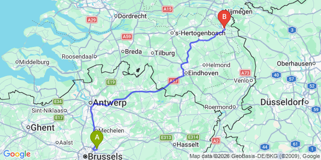 Map: Brussels Zaventem Airport (BRU) to Cuijk