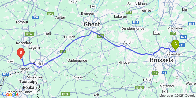 Map: Brussels Zaventem Airport (BRU) to Dadizele