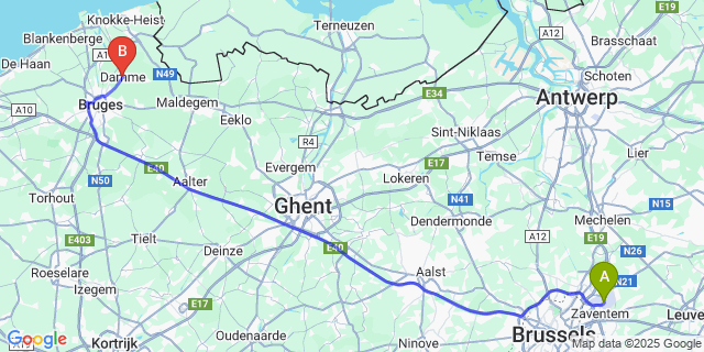 Map: Brussels Zaventem Airport (BRU) to Damme