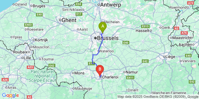 Map: Brussels Zaventem Airport (BRU) to Dampremy