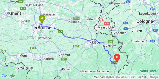 Map: Brussels Zaventem Airport (BRU) to Deidenberg