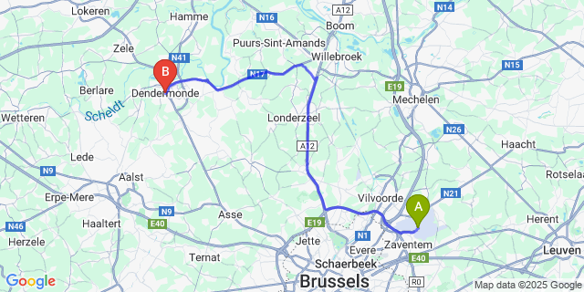 Map: Brussels Zaventem Airport (BRU) to Dendermonde