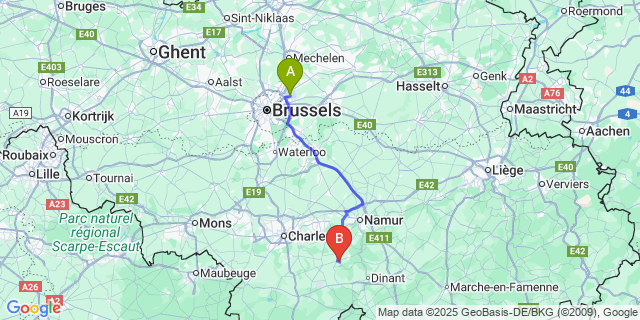 Map: Brussels Zaventem Airport (BRU) to Denée