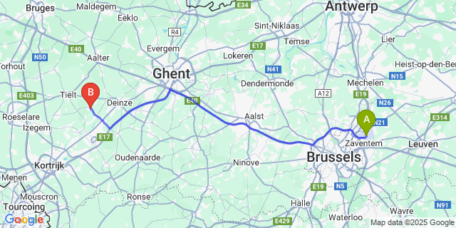 Map: Brussels Zaventem Airport (BRU) to Dentergem