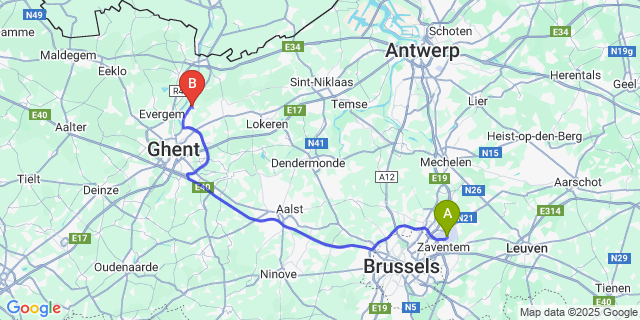 Map: Brussels Zaventem Airport (BRU) to Desteldonk