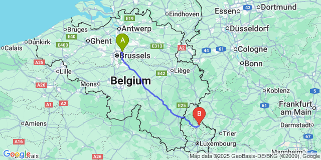 Map: Brussels Zaventem Airport (BRU) to Diekirch