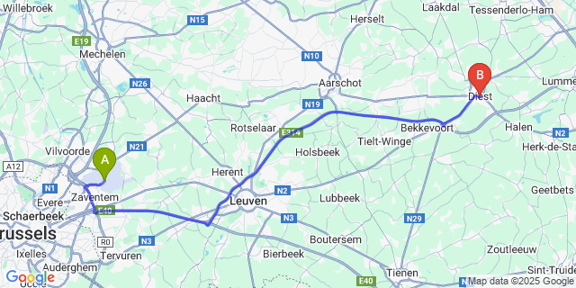 Map: Brussels Zaventem Airport (BRU) to Diest