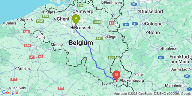 Map: Brussels Zaventem Airport (BRU) to Dippach