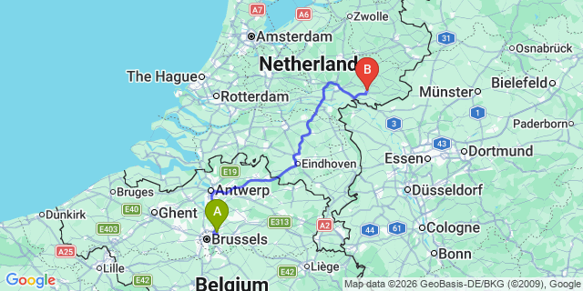 Map: Brussels Zaventem Airport (BRU) to Doetinchem