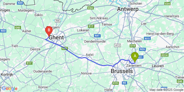 Map: Brussels Zaventem Airport (BRU) to Drongen