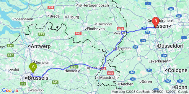 Map: Brussels Zaventem Airport (BRU) to Duisburg