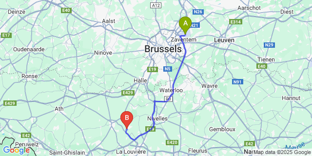 Map: Brussels Zaventem Airport (BRU) to Écaussinnes-d’Enghien