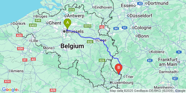Map: Brussels Zaventem Airport (BRU) to Echternach
