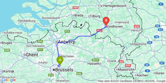 Map: Brussels Zaventem Airport (BRU) to Eindhoven
