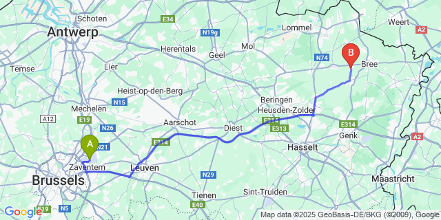 Map: Brussels Zaventem Airport (BRU) to Ellikom