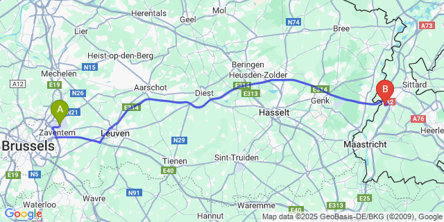 Map: Brussels Zaventem Airport (BRU) to Elsloo