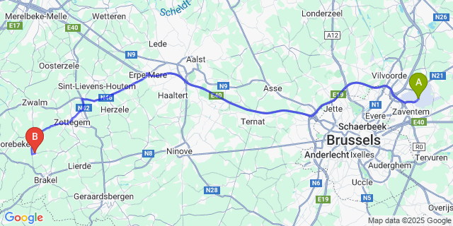 Map: Brussels Zaventem Airport (BRU) to Elst