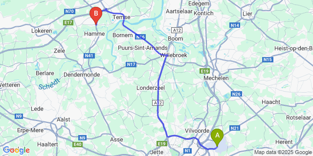 Map: Brussels Zaventem Airport (BRU) to Elversele