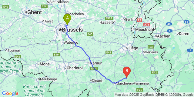 Map: Brussels Zaventem Airport (BRU) to Érezée