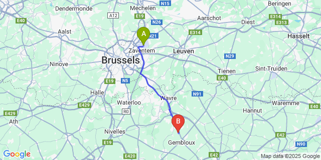 Map: Brussels Zaventem Airport (BRU) to Ernage