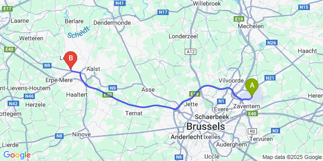 Map: Brussels Zaventem Airport (BRU) to Erpe