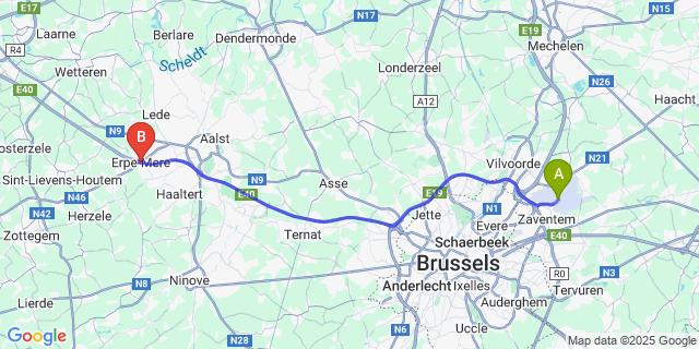 Map: Brussels Zaventem Airport (BRU) to Erpe-Mere