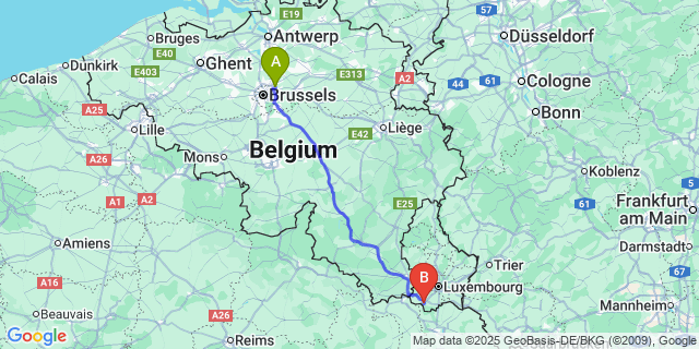 Map: Brussels Zaventem Airport (BRU) to Esch-sur-Alzette