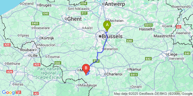 Map: Brussels Zaventem Airport (BRU) to Estinnes