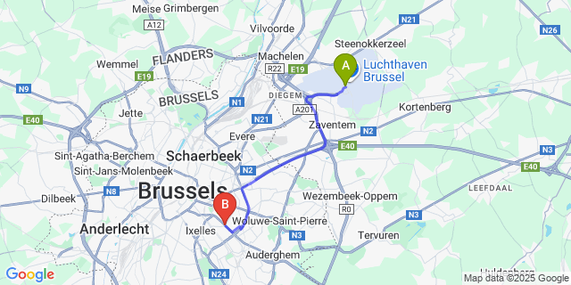 Map: Brussels Zaventem Airport (BRU) to Etterbeek