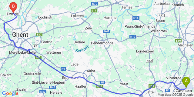 Map: Brussels Zaventem Airport (BRU) to Evergem