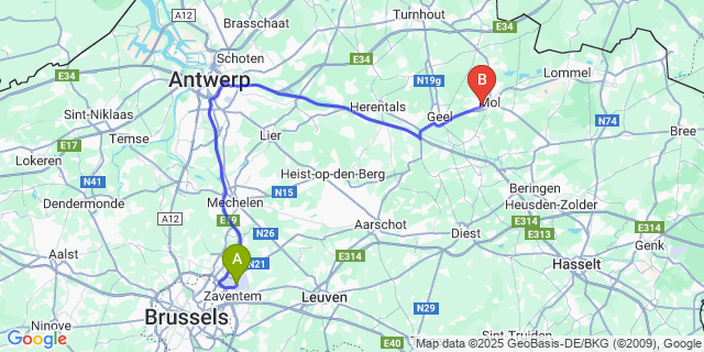 Map: Brussels Zaventem Airport (BRU) to Ezaart