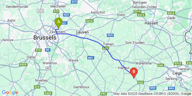 Map: Brussels Zaventem Airport (BRU) to Fallais