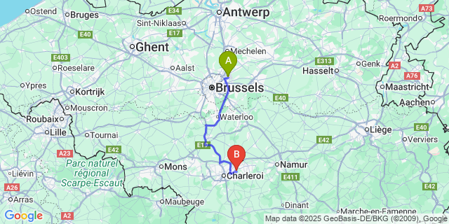 Map: Brussels Zaventem Airport (BRU) to Farciennes