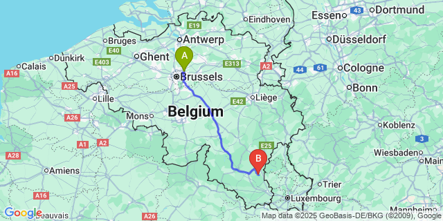 Map: Brussels Zaventem Airport (BRU) to Fauvillers