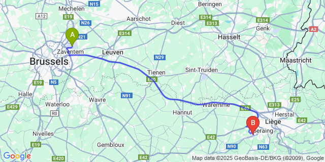 Map: Brussels Zaventem Airport (BRU) to Flémalle