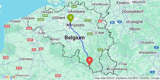 Map: Brussels Zaventem Airport (BRU) to Florenville