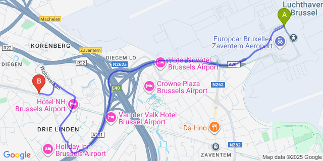 Map: Brussels Zaventem Airport (BRU) to Fly Inn Hotel & Lounge - Brussels Airport