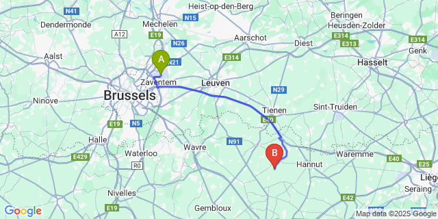 Map: Brussels Zaventem Airport (BRU) to Folx-les-Caves