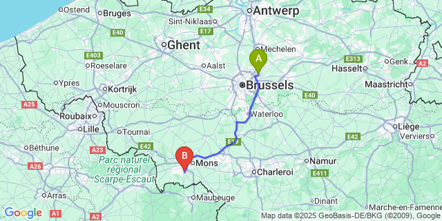 Map: Brussels Zaventem Airport (BRU) to Frameries