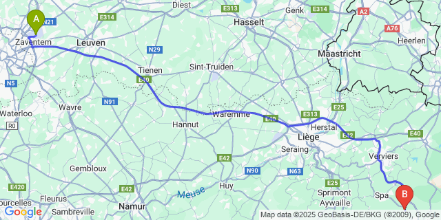 Map: Brussels Zaventem Airport (BRU) to Francorchamps