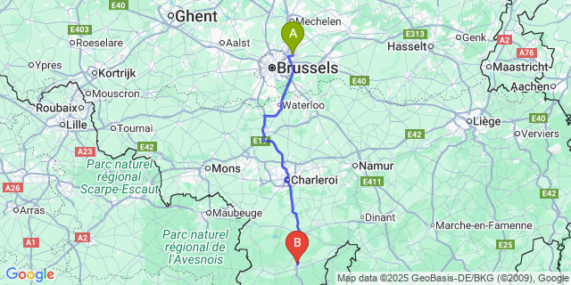 Map: Brussels Zaventem Airport (BRU) to Frasnes-lez-Couvin